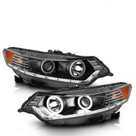 AmeriLite for 2009-2014 Acura TSX [HID Type] Xtreme LED Halo Rings Projector Black Headlights Set - Driver and Passenger Side