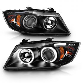 AmeriLite for 2006-2008 BMW 3-Series E90 E91 Sedan Wegon Xtreme LED Halos Ring Black Projector Headlights Set - Passenger and Driver Side