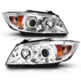 AmeriLite for 2006-2008 BMW 3-Series E90 E91 Sedan Wegon Xtreme LED Halos Ring Chrome Projector Headlights Set - Passenger and Driver Side