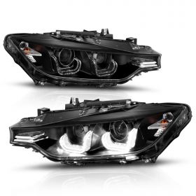 AmeriLite for 2012-2015 BMW F30 3-Series Sedan Crystal LED Tube Dual Projector Black HID Type Replacement Headlights Set - Driver and Passenger Side