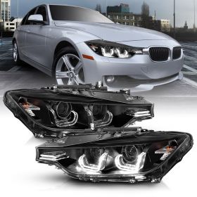 AmeriLite for 2012-2015 BMW F30 3-Series Sedan Crystal LED Tube Dual Projector Black Halogen Type Replacement Headlights Set - Driver and Passenger Side