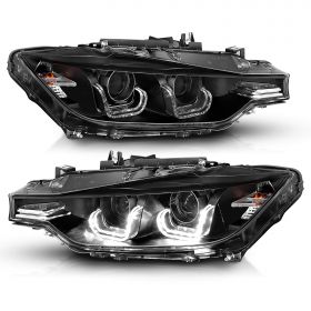 AmeriLite for 2012-2015 BMW F30 3-Series Sedan Crystal LED Tube Dual Projector Black Halogen Type Replacement Headlights Set - Driver and Passenger Side