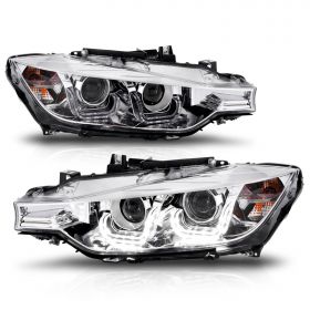 AmeriLite for 2012-2015 BMW F30 3-Series Sedan Crystal LED Tube Dual Projector Chrome Halogen Type Replacement Headlights Set - Driver and Passenger Side