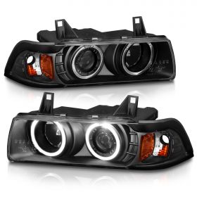 AmeriLite for 1992-1998 BMW 3 Series E36 Sedan 1pc LED Halo Black Projector Replacement Bulb Socket Headlights Set - Passenger and Driver Side