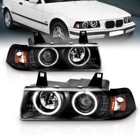 AmeriLite for 1992-1999 BMW 3 Series E36 2-Door Trims 1pc LED Halos Black Projector Headlights Pair - Passenger and Driver Side