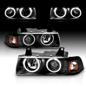 AmeriLite for 1992-1999 BMW 3 Series E36 2-Door Trims 1pc LED Halos Black Projector Headlights Pair - Passenger and Driver Side