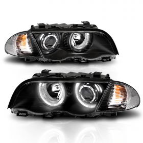 AmeriLite for 1998-2001 BMW 3 Series E46 4 Door Sedan Halo Parking Lamp Projector Black Headlights Coner Light Set - Passenger and Driver Side