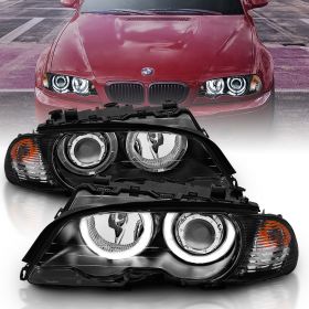 AmeriLite for 1999-2001 BMW 3 Series E46 323Ci 328Ci 325Ci 330Ci M3 Coupe w/Halos Projector Black Headlights Corner Lamp Set - Passenger and Driver Set