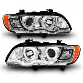 AmeriLite Chrome LED Bar Dual Halo Projector Replacement Headlights Set For 01-03 BMW X5 E53 - Passenger and Driver Side