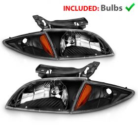 AmeriLite Replacement Headlights for 2000-2002 Chevy Cavalier Coupe & Sedan Factory Type Black Assembly w/Corner Lamp Combo Set - Driver and Passenger Side