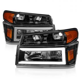 AmeriLite for 2004-2012 Chevy Colorado / GMC Canyon C-Type LED Tube Black Replaement Headlights + Corner Parking Lamps 4pcs Set - Passenger and Driver Side