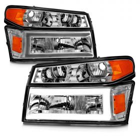 AmeriLite for 2004-2012 Chevy Colorado / GMC Canyon C-Type LED Tube Chrome Replaement Headlights + Corner Parking Lamps 4pcs Set - Passenger and Driver Side