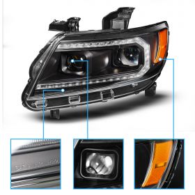 AmeriLite for 2015-2022 Chevy Colorado Switchback LED Tube Sequential Turn Signal Projector Black Headlight Set - Passenger and Driver Side