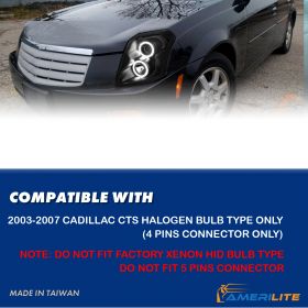 AmeriLite for 2003-2007 Cadillac CTS Xtreme LED Halos Projector Black Replacement Headlights Assembly Pair - Passenger and Driver Side