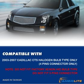 AmeriLite for 2003-2007 Cadillac CTS LED Halos Factory Black Projector Replacement Headlights Pair - Passenger and Driver Side