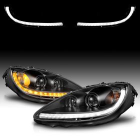 AmeriLite for 2005-2013 Chevy Corvette C6 SwitchBack+Sequential LED DRL Black Projector Replacement Headlights Set - Passenger and Driver Side