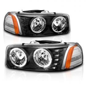 AmeriLite 1999-2007 for GMC Sierra 1500 2500HD 3500HD: 00-06 Yukon Black Replacement Dual LED Pair Headlights
