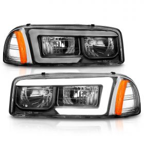 AmeriLite for 1999-2006 GMC Sierra Yukon XL C-Type LED Tube Black Replacement Headlights Pair - Passenger and Driver Side