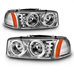 AmeriLite 1999-2007 for GMC Sierra 1500 2500HD 3500HD: 00-06 Yukon Clear Chrome Replacement Dual LED Pair Crystal Headlights