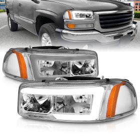 AmeriLite for 1999-2006 GMC Sierra Yukon XL C-Type LED Tube Chrome Replacement Headlights Pair - Passenger and Driver Side