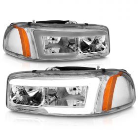 AmeriLite for 1999-2006 GMC Sierra Yukon XL C-Type LED Tube Chrome Replacement Headlights Pair - Passenger and Driver Side