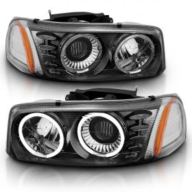 AmeriLite for GMC 99-07 Sierra / 00-06 Yukon Dual LED Halo Ring Crystal Black Projector Headlights Pair - Passenger and Driver Side