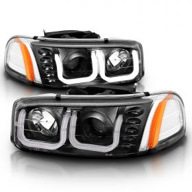 AmeriLite Replacement Headlights for GMC 99-07 Sierra 1500 2500HD 3500HD / 00-06 Yukon U-Type LED Crystal Black Projector Pair - Passenger and Driver Side