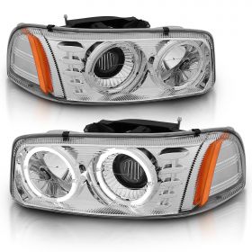 AmeriLite for GMC 99-07 Sierra / 00-06 Yukon Dual LED Halo Ring Crystal Chrome Projector Headlights Pair - Passenger and Driver Side