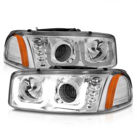 AmeriLite Replacement Headlights for GMC 99-07 Sierra 1500 2500HD 3500HD / 00-06 Yukon U-Type LED Crystal Chrome Projector Pair - Passenger and Driver Side