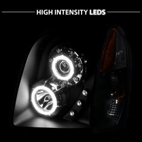AmeriLite for 2007-2014 GMC Yukon/Yukon XL/Denali Xtreme LED Halo Black Projector Replacement Headlights Pair - Driver and Passenger Side