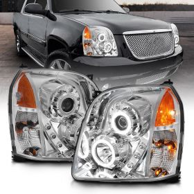 AmeriLite For 2007-2014 GMC Yukon XL Denali Xtreme LED Halo Chrome Projector Headlights Assembly Set - Driver and Passenger Side