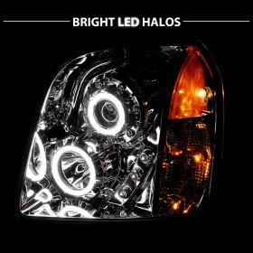 AmeriLite For 2007-2014 GMC Yukon XL Denali Xtreme LED Halo Chrome Projector Headlights Assembly Set - Driver and Passenger Side