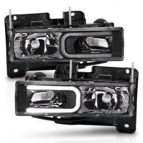 AmeriLite For Chevy C/K Tahoe Suburban SUV Fullsize Blazer GMC Yukon C-Type LED Tube Halogen Black Headlight Set - Passenger and Driver Side