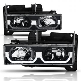AmeriLite LED Bar Black Replacement Halogen Headlights Assembly for Chevy/GMC Fullsize Truck SUV - Passenger and Driver Side