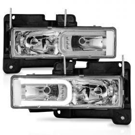 AmeriLite for Chevy C/K Tahoe Suburban Full Size Blazer GMC Yukon C-Type LED Tube Chrome Replacement Headlight Set - Passenger and Driver Side