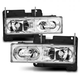 AmeriLite Crystal Clear LED Halo Chrome Replacement Headlights Pair for Chevy GMC Fullsize Truck SUV - Passenger and Driver Side