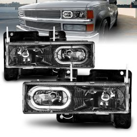AmeriLite for Chevy GMC C/K Truck Fullsize Blazer Tahoe Suburban SUV Carbon Fiber Headlights Set w/LED Halo - Passenger and Driver Side