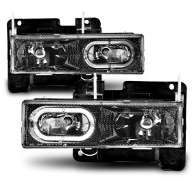 AmeriLite for Chevy GMC C/K Truck Fullsize Blazer Tahoe Suburban SUV Carbon Fiber Headlights Set w/LED Halo - Passenger and Driver Side