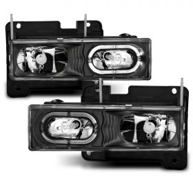AmeriLite for Chevy C/K 1500 2500 3500 GMC Suburban Yukon LED Halo Halogen Black Headlights Assembly Set - Passenger and Driver Side