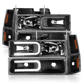 AmeriLite LED Stripe Clear Black Replacement Headlights Parking Corner Sets for 94-98 Chevy Fullsize - Passenger and Driver Side