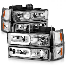 AmeriLite LED Stripe Clear Chrome Replacement Headlights Parking Corner Sets for 94-98 Chevy Fullsize - Passenger and Driver Side