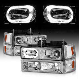 AmeriLite [LED Halo] 1994-1998 For Chevy C/K 1500/2500/3500 Headlights Bumper Lamps Set