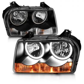 AmeriLite for 2005-2010 Chrysler 300 [Halogen Type] Xtreme Dual LED Halos Black Headlights Assembly Set - Passenger and Driver Side