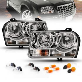AmeriLite for 2005-2010 Chrysler 300 Halogen Type OEM Style Chrome Replacement Headlight Assembly w/Bulb Socket Pair - Passenger & Driver Side