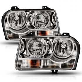 AmeriLite for 2005-2010 Chrysler 300 Halogen Type OEM Style Chrome Replacement Headlight Assembly w/Bulb Socket Pair - Passenger & Driver Side
