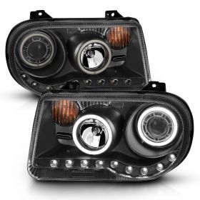 AmeriLite for 2005-2010 Chrysler 300C Black Replacement Headlight Assembly Halogen Projector Extreme Dual LED Halo w/Bulb Pair - Passenger & Driver Side