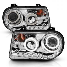 AmeriLite for 2005-2010 Chrysler 300C Chrome Replacement Headlight Assembly Halogen Projector Extreme Dual LED Halo w/Bulb Pair - Passenger & Driver Side