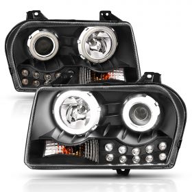 AmeriLite for 2005-2010 Chrysler 300 Black Replacement Headlight Assembly Halogen Projector Super Bright LED Halo w/Bulb Pair - Passenger & Driver Side