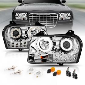 AmeriLite for 2005-2010 Chrysler 300 Chrome Replacement Headlight Assembly Halogen Projector Super Bright LED Halo w/Bulb Pair - Passenger & Driver Side