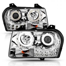 AmeriLite for 2005-2010 Chrysler 300 Chrome Replacement Headlight Assembly Halogen Projector Super Bright LED Halo w/Bulb Pair - Passenger & Driver Side